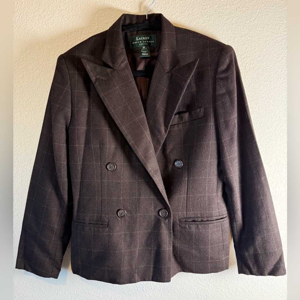 Vintage Lauren Ralph Lauren Wool Blazer 6P Brown Windowpane Double Breasted USA